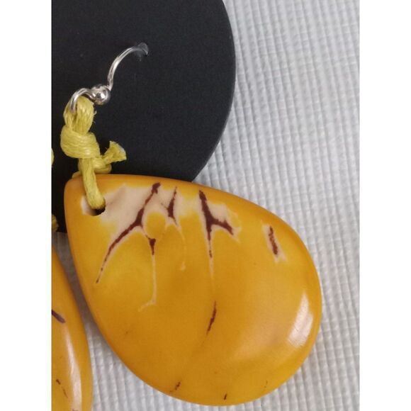 Orange and Yellow Teardrop Shaped Tagua Nut Dangle Drop Style Fashion Earrings - Picture 4 of 7
